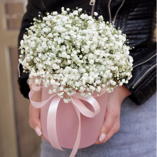 7 белых гипсофил в шляпной коробке