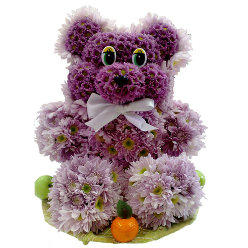 Мишка из хризантем. Медведь из хризантем. Фиолетовые мишки с цветами. Хризантема мишка Тедди. Купить игрушку из цветов 74952550142
