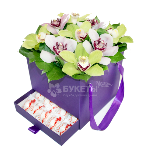 11 орхидей в фиолетовой коробке шкатулке