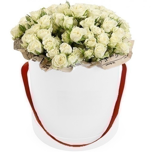 Фотография 15 белых кустовых роз в белой шляпной коробке №5 