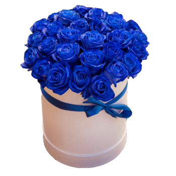 Фотография 29 синих роз в шляпной коробке 
