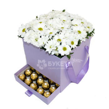 Фотография 7 белых хризантем в сиреневой коробке шкатулке 