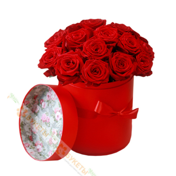 Фотография 19 красных роз в красной шляпной коробке №7 