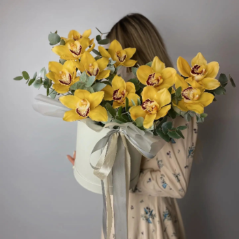 Фотография 11 желтых орхидей в шляпной коробке №77 