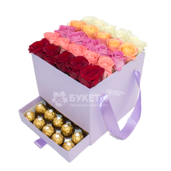 Фотография 25 роз микс в сиреневой коробке шкатулке 