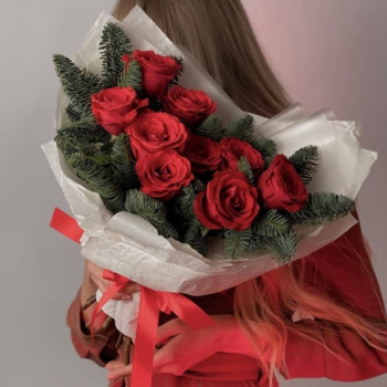 Фотография Букет из 9 красных роз Premium с нобилисом 