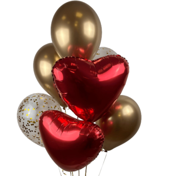 Фотография Набор шаров с красными сердцами и золотыми шарами 
