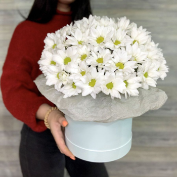 Фотография 5 белых хризантем в белой шляпной коробке №44 