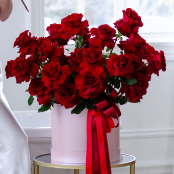 Фотография 33 красные французские розы в шляпной коробке 