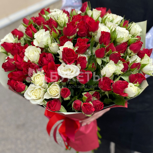 Букет из 35 белых и красных кустовых роз