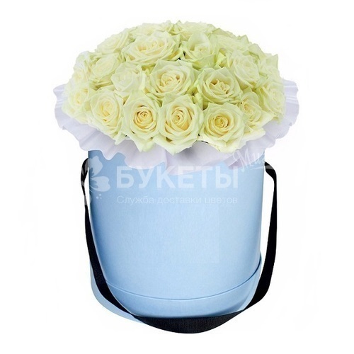 19 белых роз в голубой шляпной коробке №35