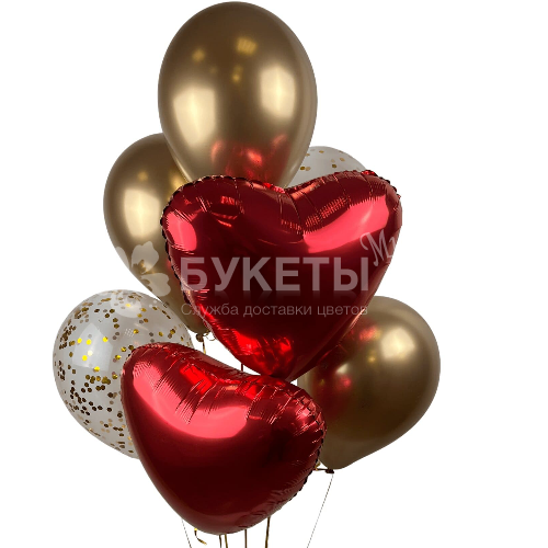 Набор шаров с красными сердцами и золотыми шарами