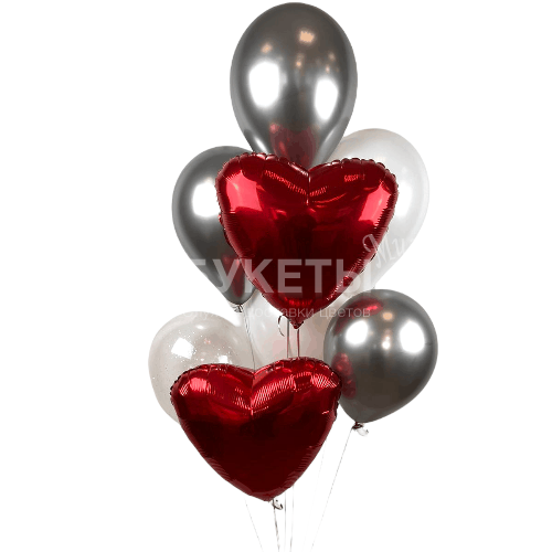 Набор шаров с красными сердцами и серебряными шарами