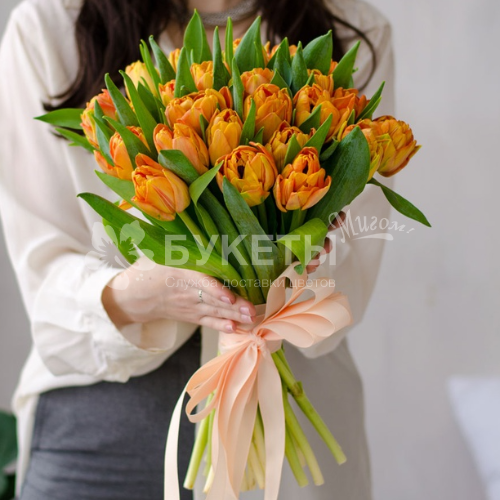 Букет из 25 оранжевых пионовидных тюльпанов