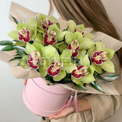 9 зеленых орхидей в розовой шляпной коробке