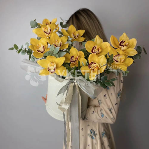 11 желтых орхидей в шляпной коробке №77