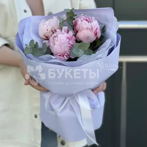 Букет из 3 розовых пионов и эвкалипта