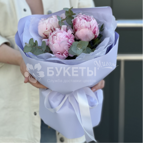 Букет из 3 розовых пионов и эвкалипта