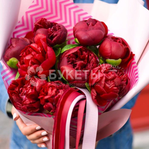 Букет из 9 бордовых пионов