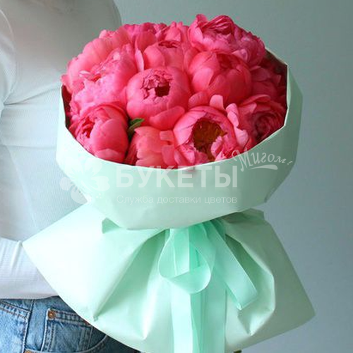 Букет из 15 коралловых пионов