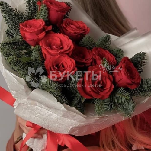 Букет из 9 красных роз Premium с нобилисом