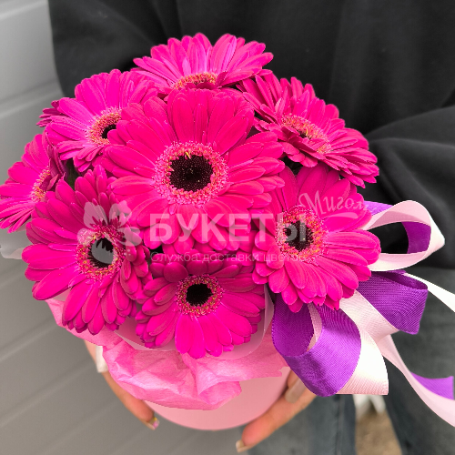 11 фиолетовых гербер в шляпной коробке