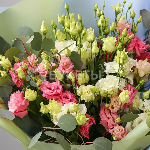 Букет из 15 белых и розовых эустом с эвкалиптом