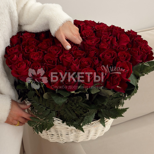 Корзина из 75 красных роз "Мадам Шарм"
