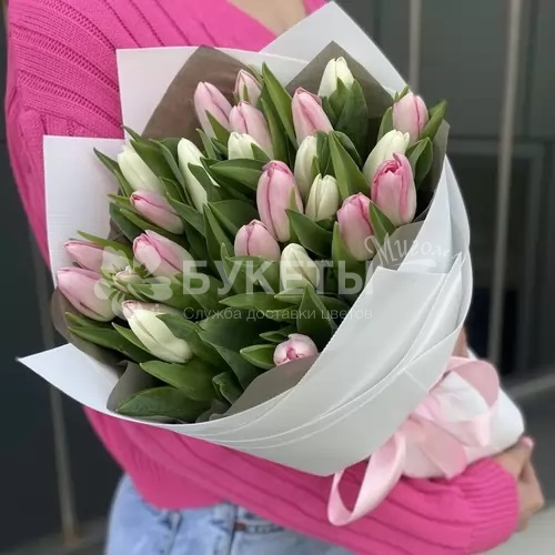 Букет из 25 розовых и белых тюльпанов