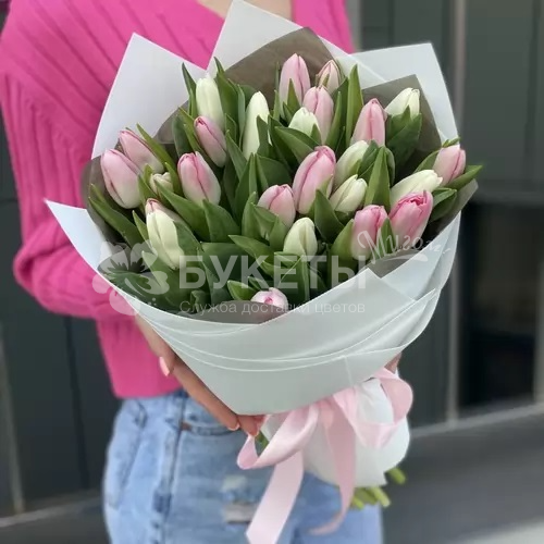 Букет из 25 розовых и белых тюльпанов