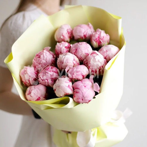 Букет из 15 розовых пионов в нежной упаковке